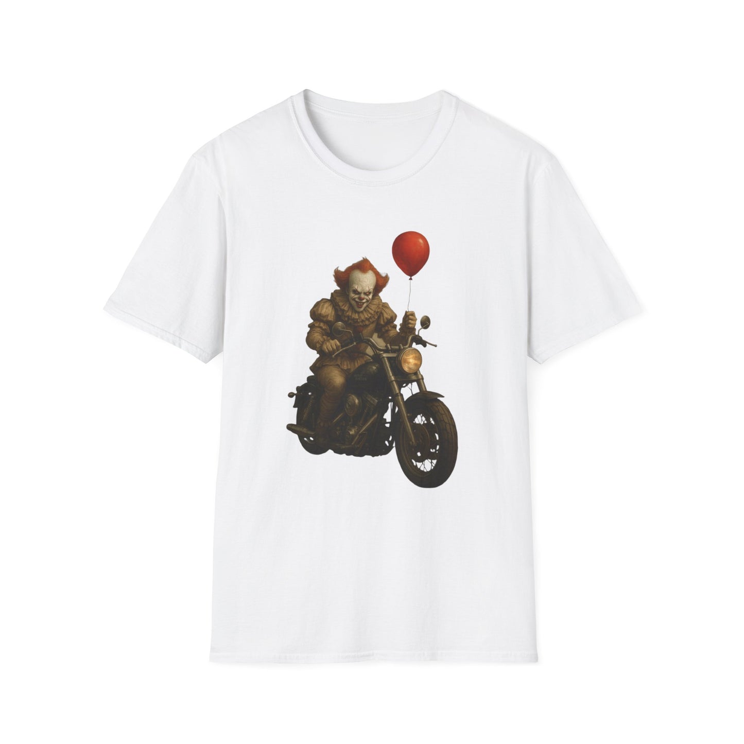 Creepy Clown Motorcycle T-Shirt, Unique Graphic Tee, Halloween Costume Top, Horror Fan Gift, Unisex Softstyle Tee