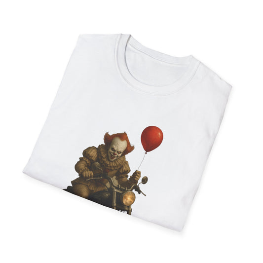 Creepy Clown Motorcycle T-Shirt, Unique Graphic Tee, Halloween Costume Top, Horror Fan Gift, Unisex Softstyle Tee