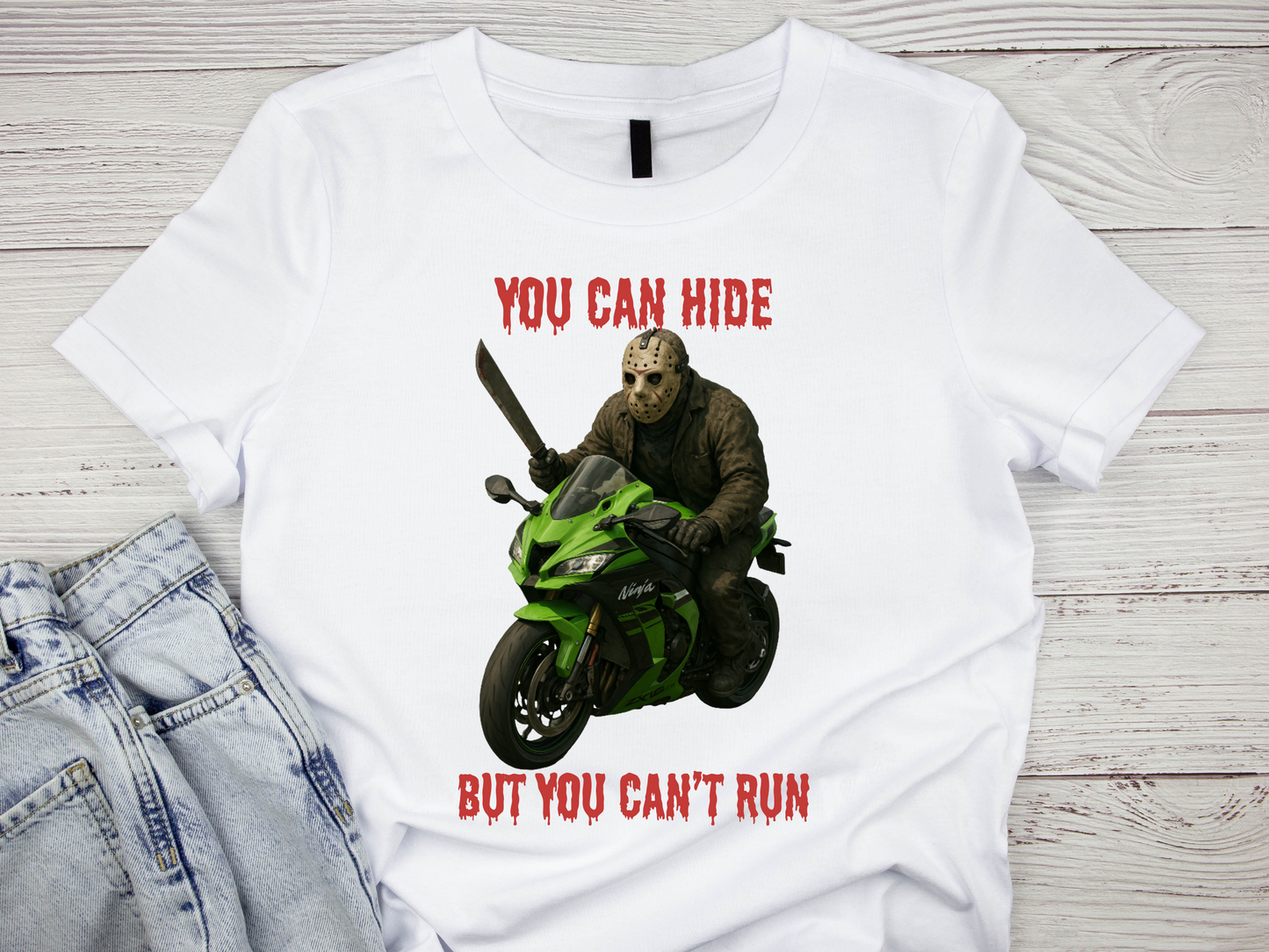 Funny Horror-Themed Unisex T-Shirt, You Can Hide But You Can’t Run, Gift for Bikers, Halloween Costume, Quirky Graphic Tee