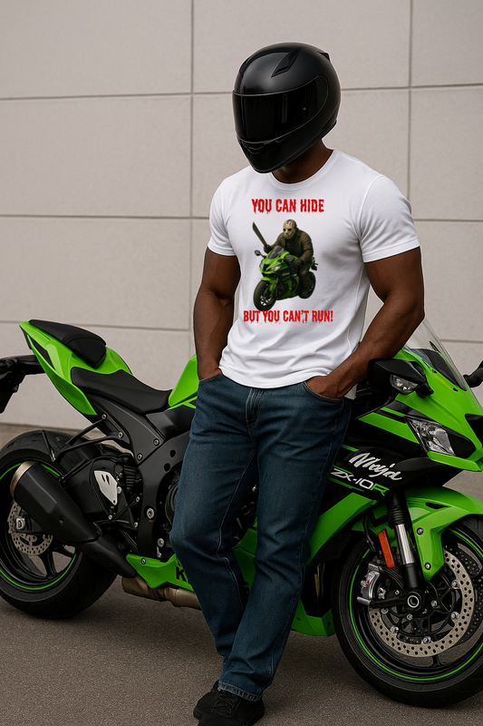 Funny Horror-Themed Unisex T-Shirt, You Can Hide But You Can’t Run, Gift for Bikers, Halloween Costume, Quirky Graphic Tee